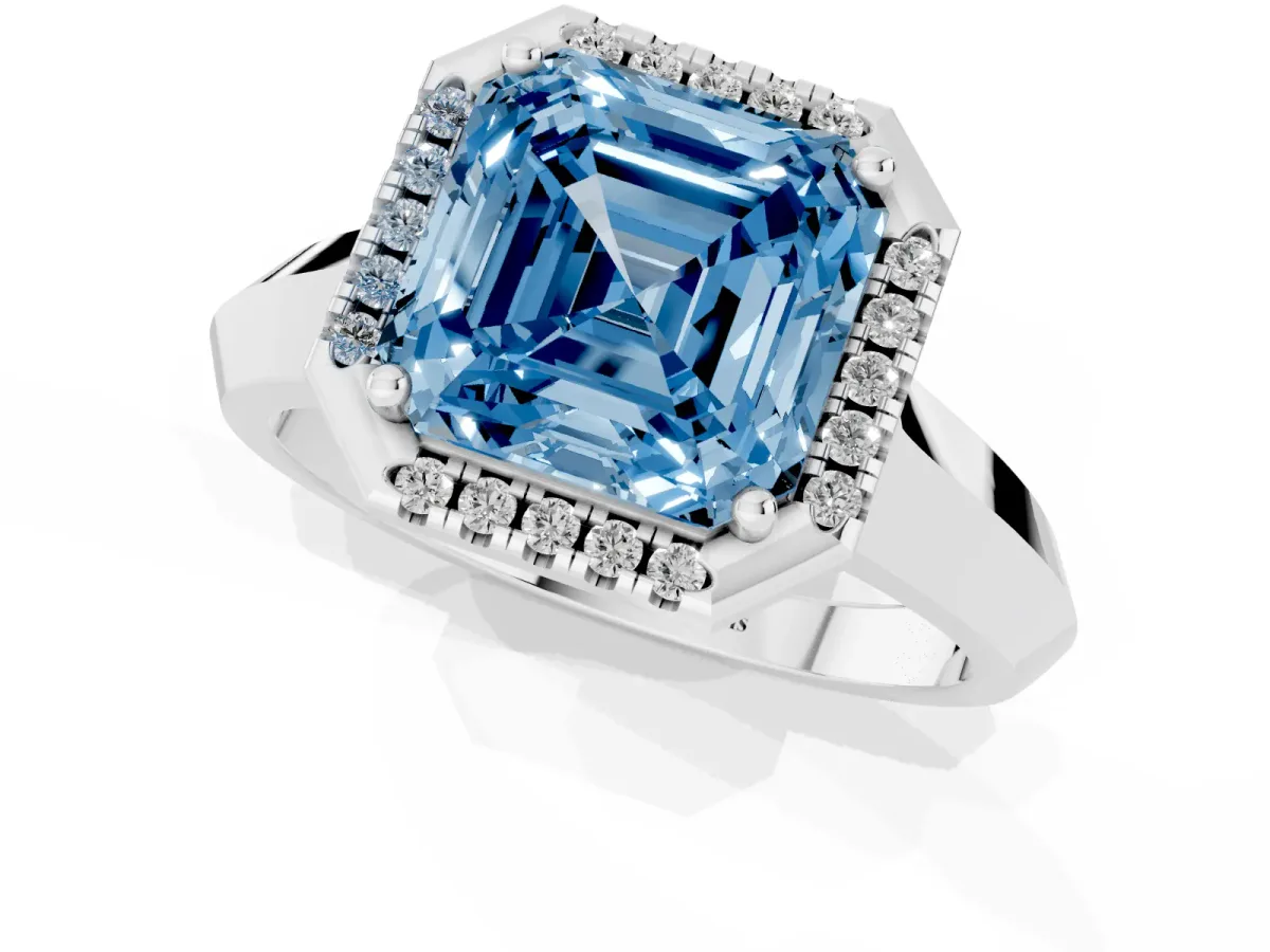 Fancy Blue Asscher Cut Halo Diamond Ring with Cathedral Band and Four-Prong Setting Platinum