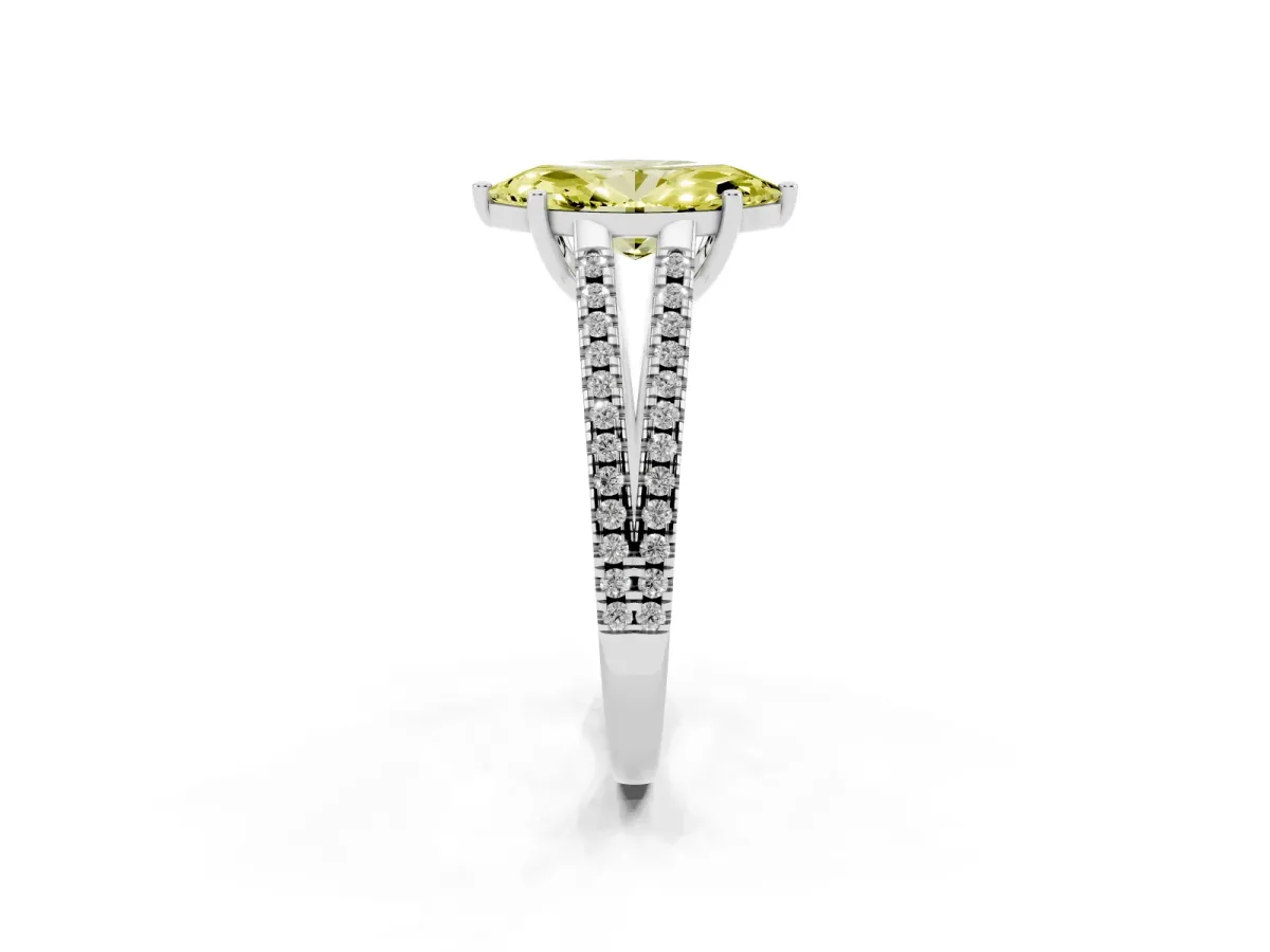 Fancy Yellow Marquise Cut Diamond Solitaire Engagement Ring with Split Shank Pavé Band Silver