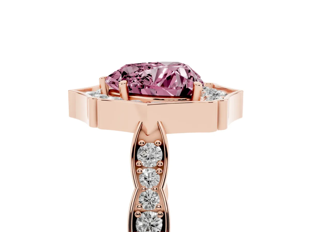 Fancy Pink Heart Cut Halo Diamond Engagement Ring with Milgrain Band and Four-Prong Setting Rose gold