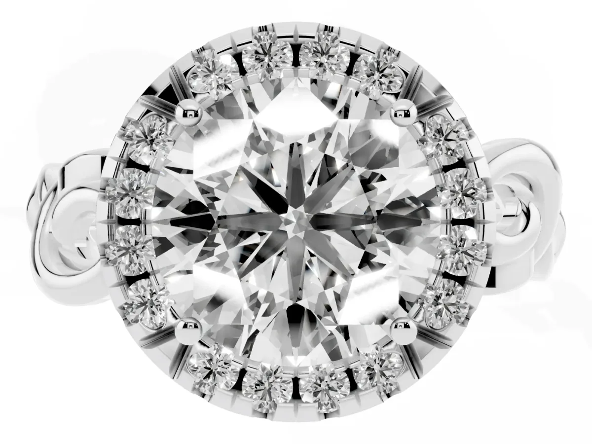 Round Cut Cut Halo Diamond Ring with Scrollwork Band and Four-Prong Setting Silver