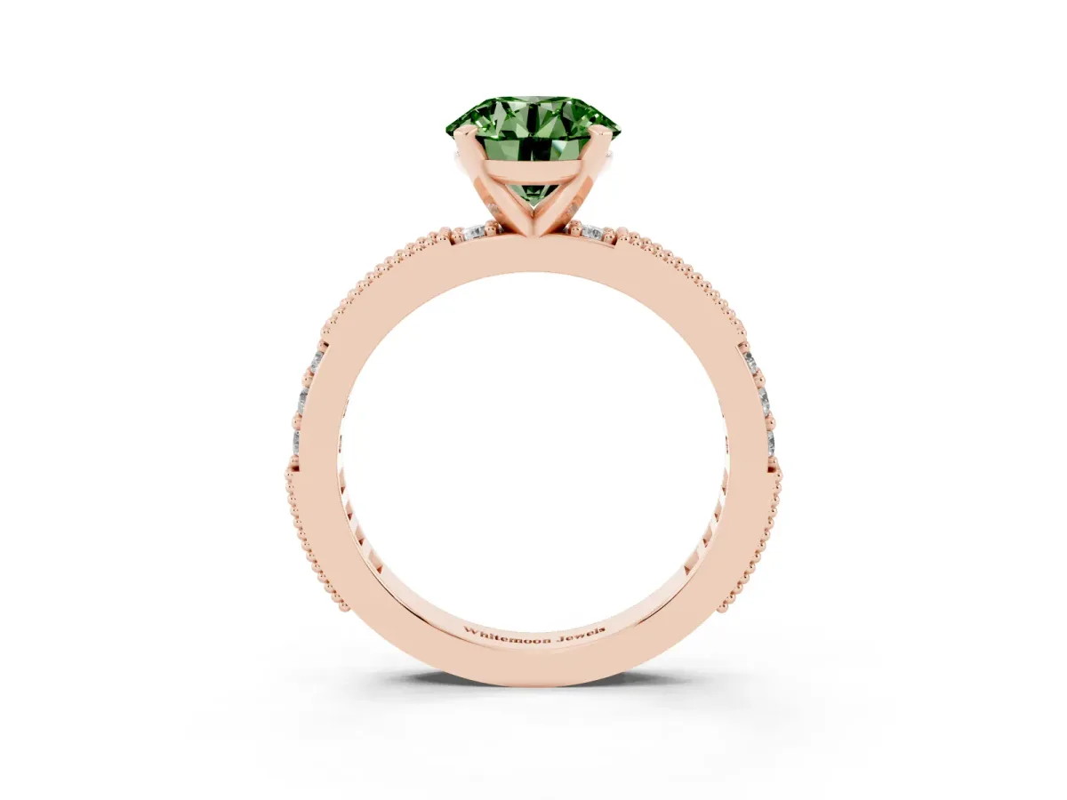 Fancy Green Round Cut Solitaire with Pavé Band and Four-Prong Setting Rose gold