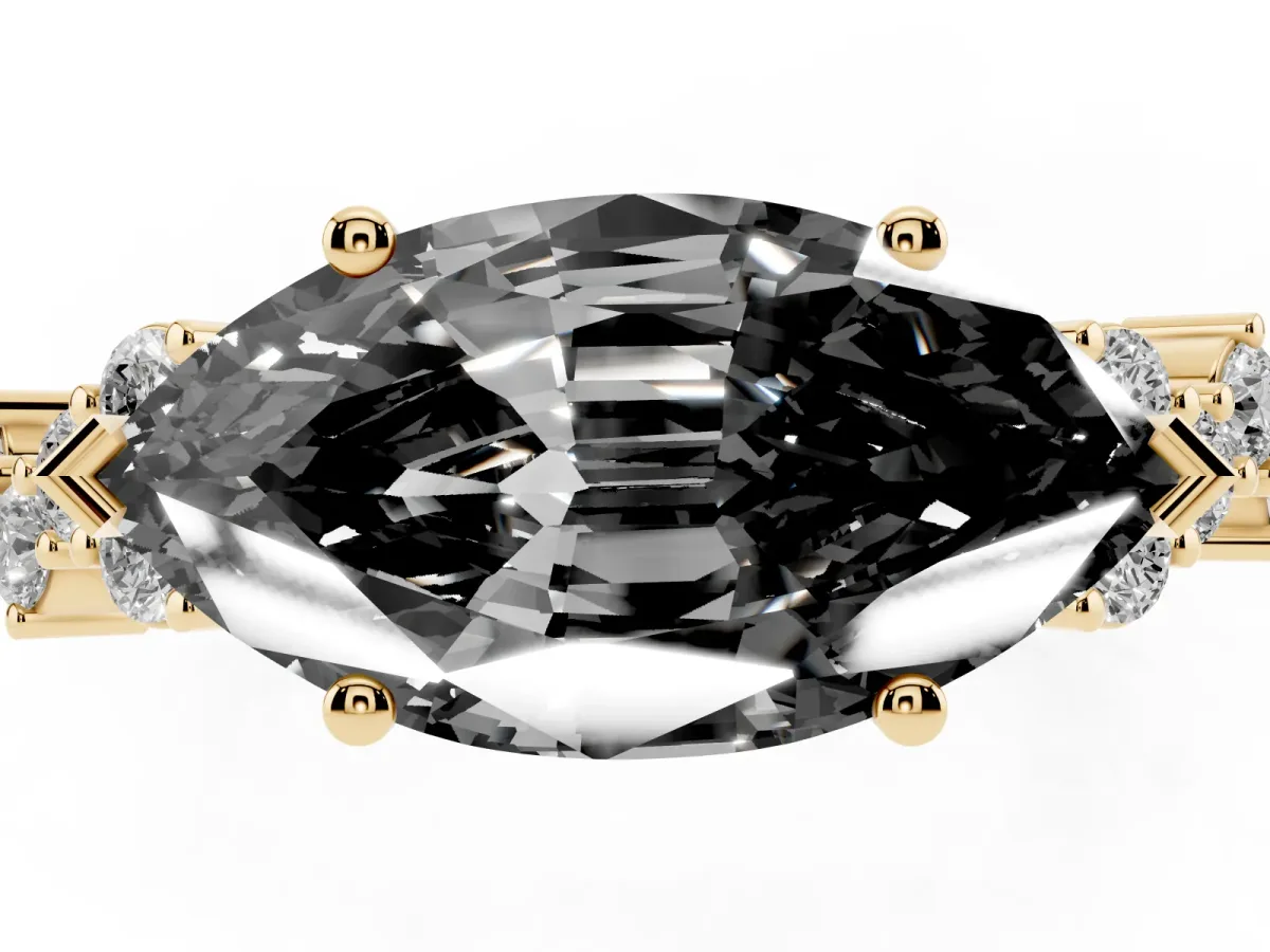 Fancy Black Marquise Cut Diamond Scattered Round Accent Ring with Prong Setting Yellow gold