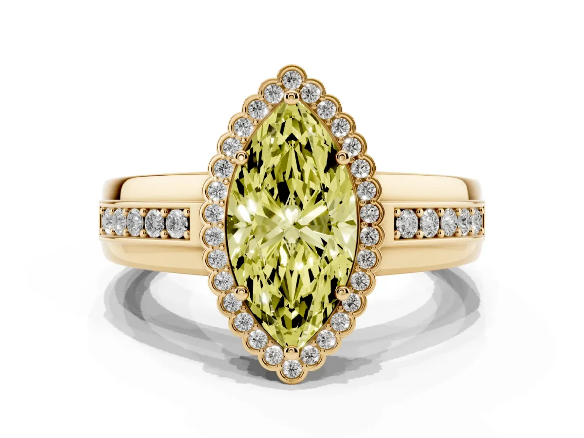 Fancy Yellow Marquise Cut Cut Halo Pave Band Four-Prong Ring Yellow gold