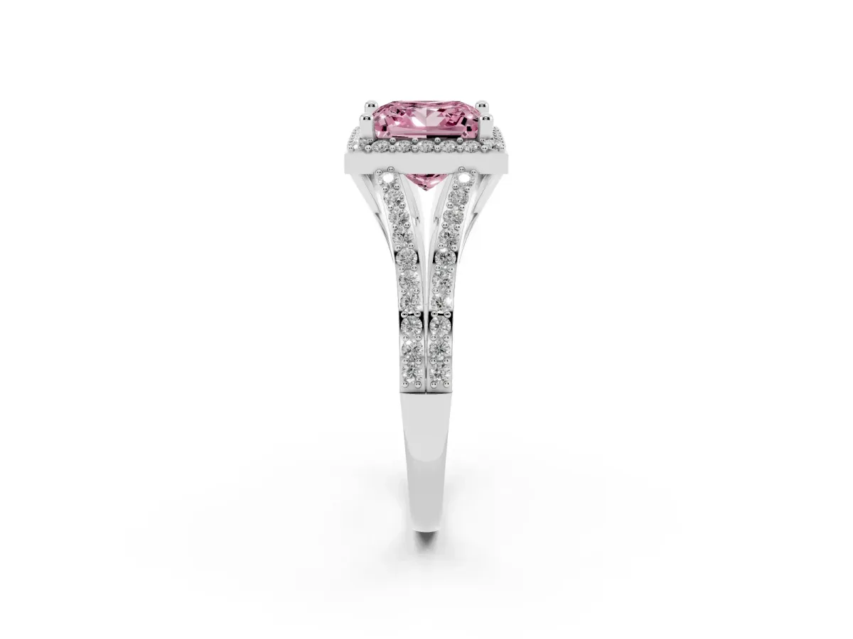 Fancy Pink Princess Cut Halo Split Shank Pave Diamond Ring with Four-Prong Setting Silver