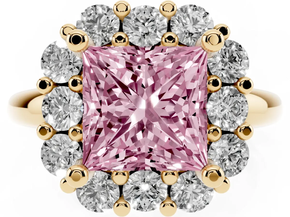 Fancy Pink Princess Cut Halo Cluster Diamond Engagement Ring with Prong Setting and Polished Band Yellow gold