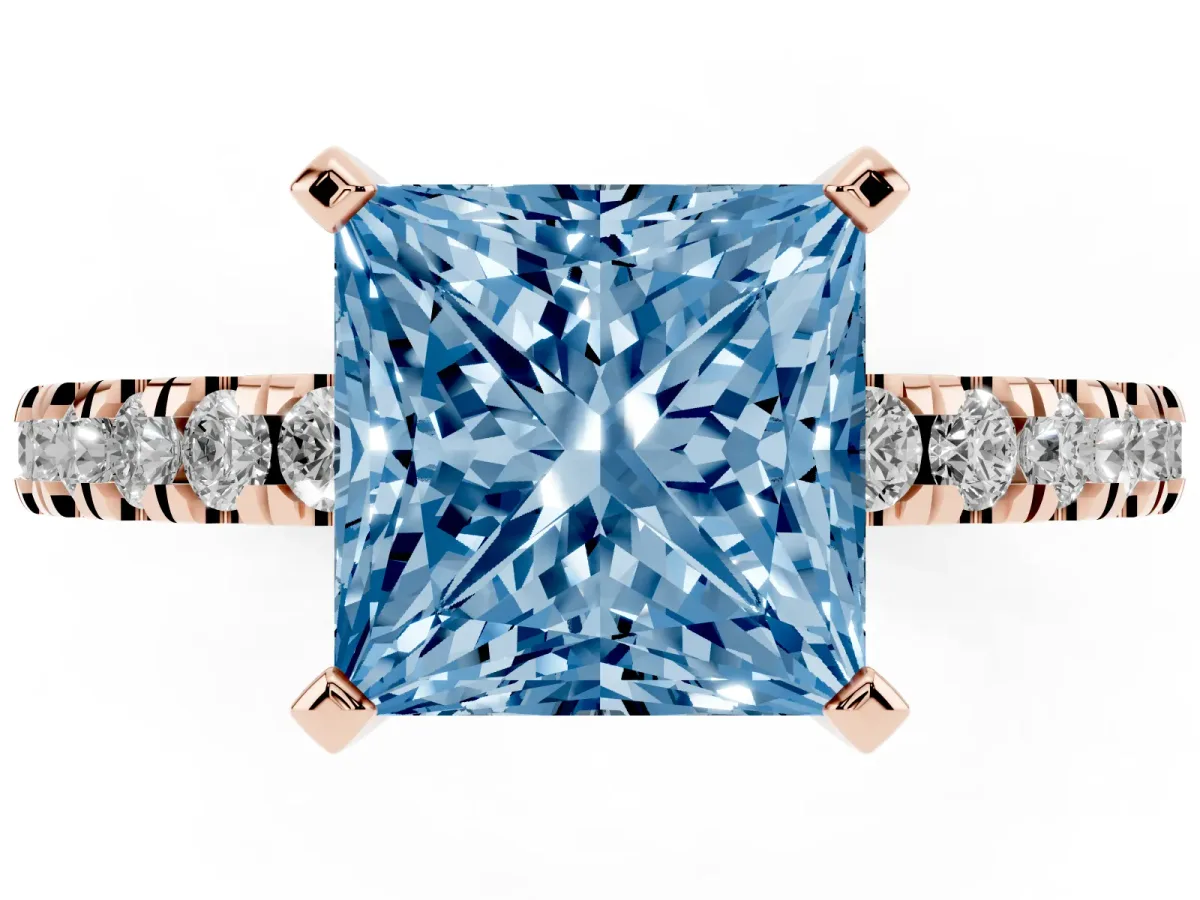 Fancy Blue Princess Cut Solitaire Diamond with Pavé Band and Four-Prong Setting Rose gold