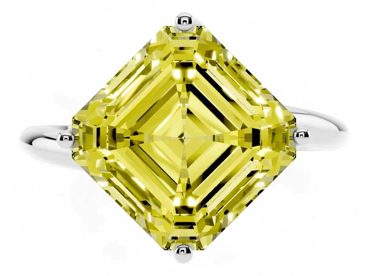 Fancy Yellow Asscher Cut Diamond Solitaire Engagement Ring with Four-Prong Setting and Classic Band Platinum