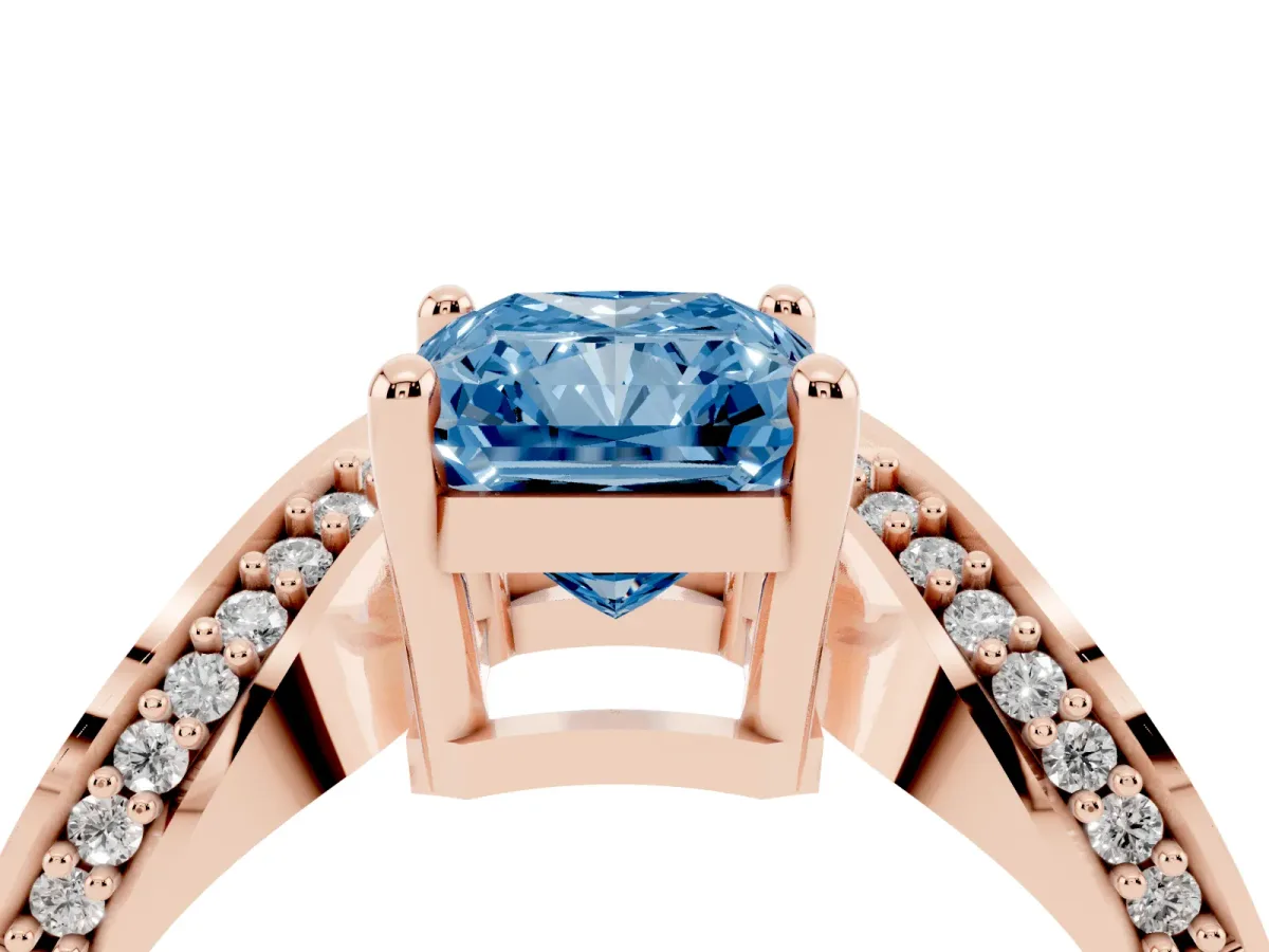 Fancy Blue Radiant Cut Solitaire Diamond Engagement Ring with Pave Band and Four-Prong Setting Rose gold
