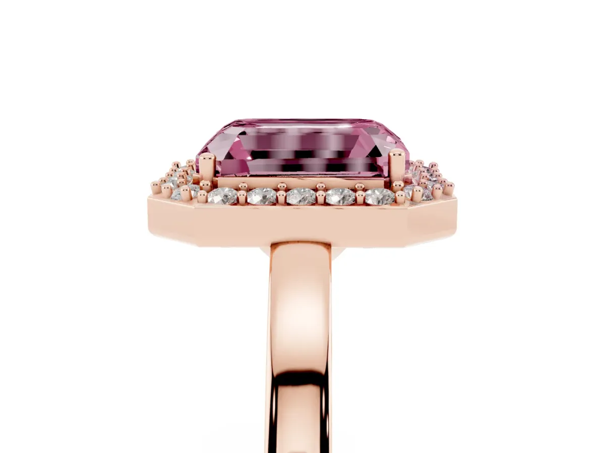 Fancy Pink Radiant Cut Halo Diamond Ring with Solitaire Band and Prong Setting Rose gold