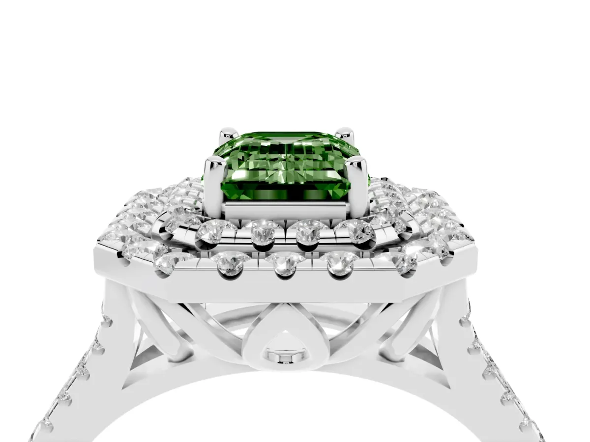 Fancy Green Double Halo Emerald Cut Diamond Pavé Split Shank Ring with Prong Setting White gold