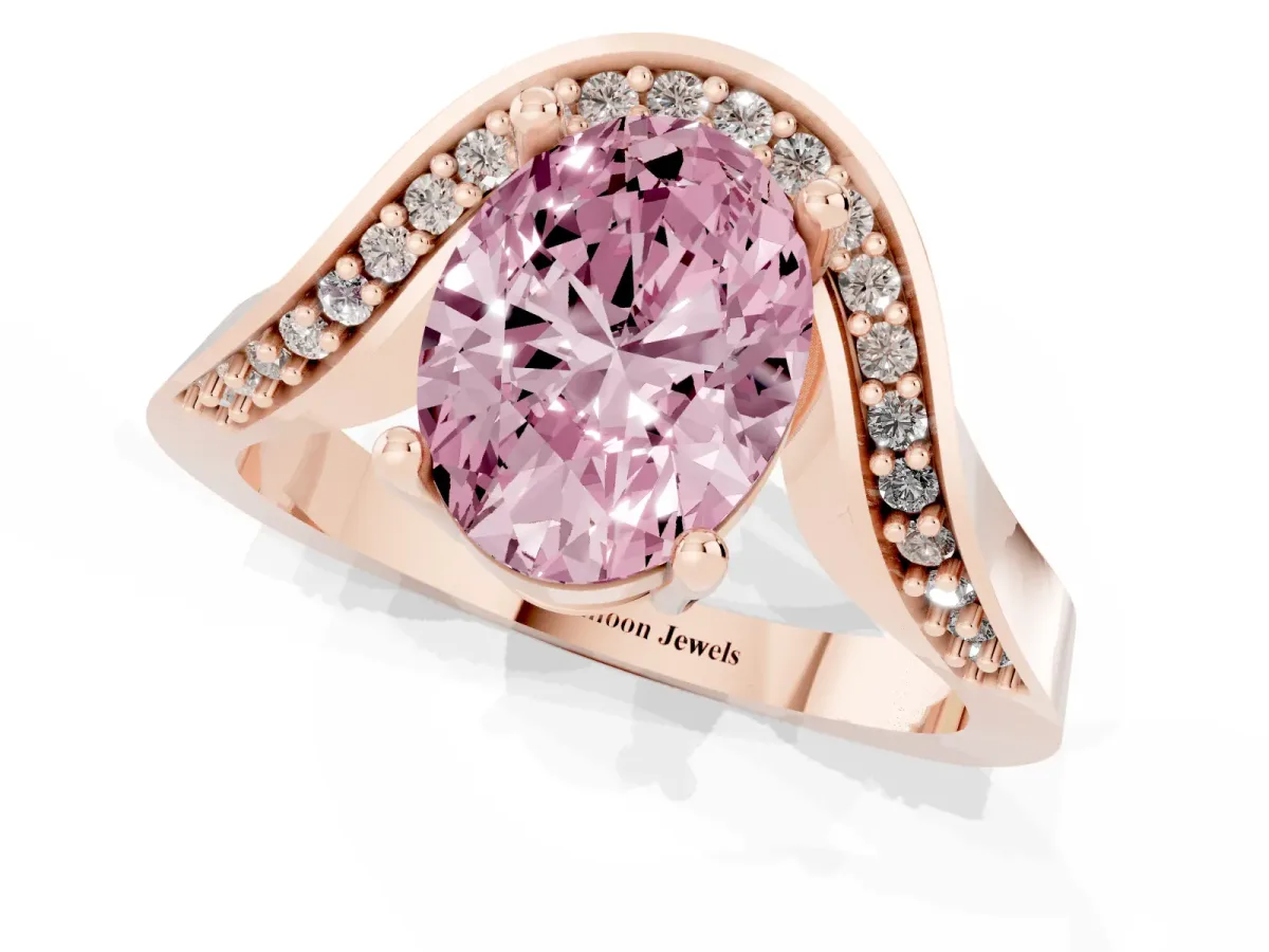 Fancy Pink Oval Cut Solitaire Diamond Engagement Ring with Pave Band and Four-Prong Setting Rose gold