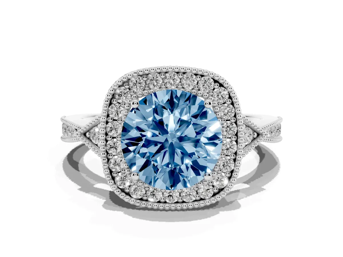 Fancy Blue Round Cut Halo Round Diamond Milgrain Pave Engagement Ring Silver