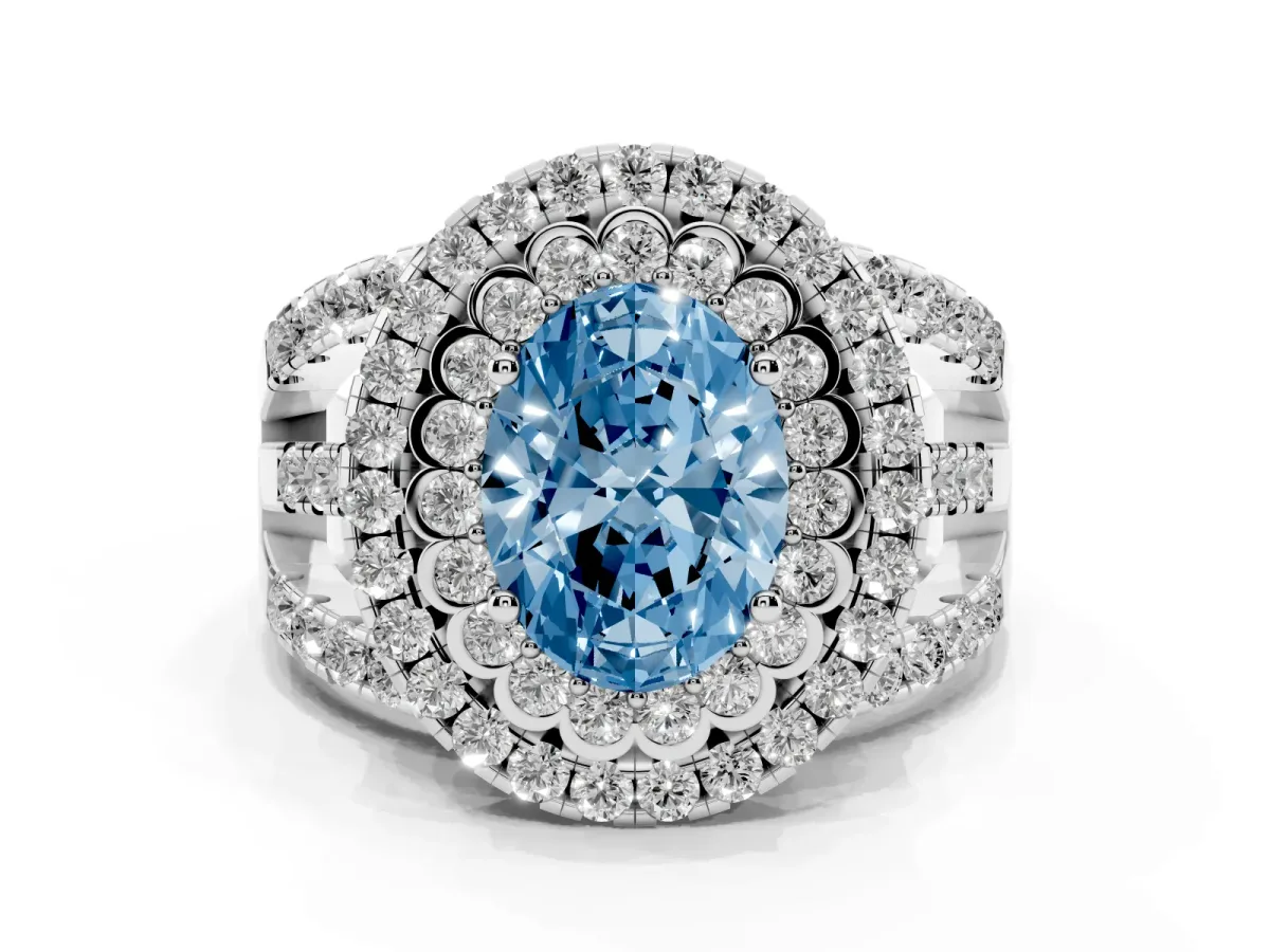 Fancy Blue Oval Cut Diamond Double Halo Ring with Round Pavé Split Shank and Prong Setting Platinum