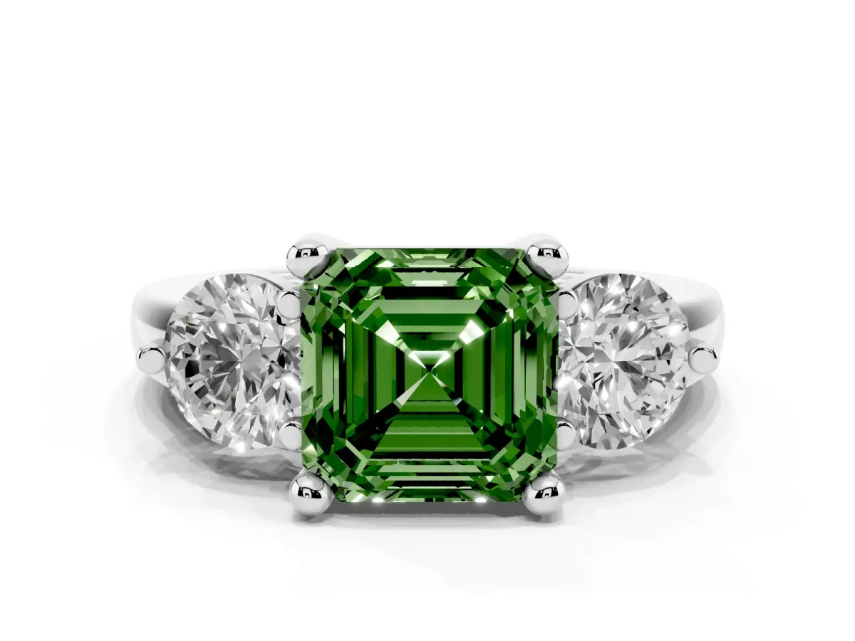 Fancy Green Three-Stone Asscher Cut Brilliant Cut Solitaire Ring with Prong Setting on a Classic Band White gold