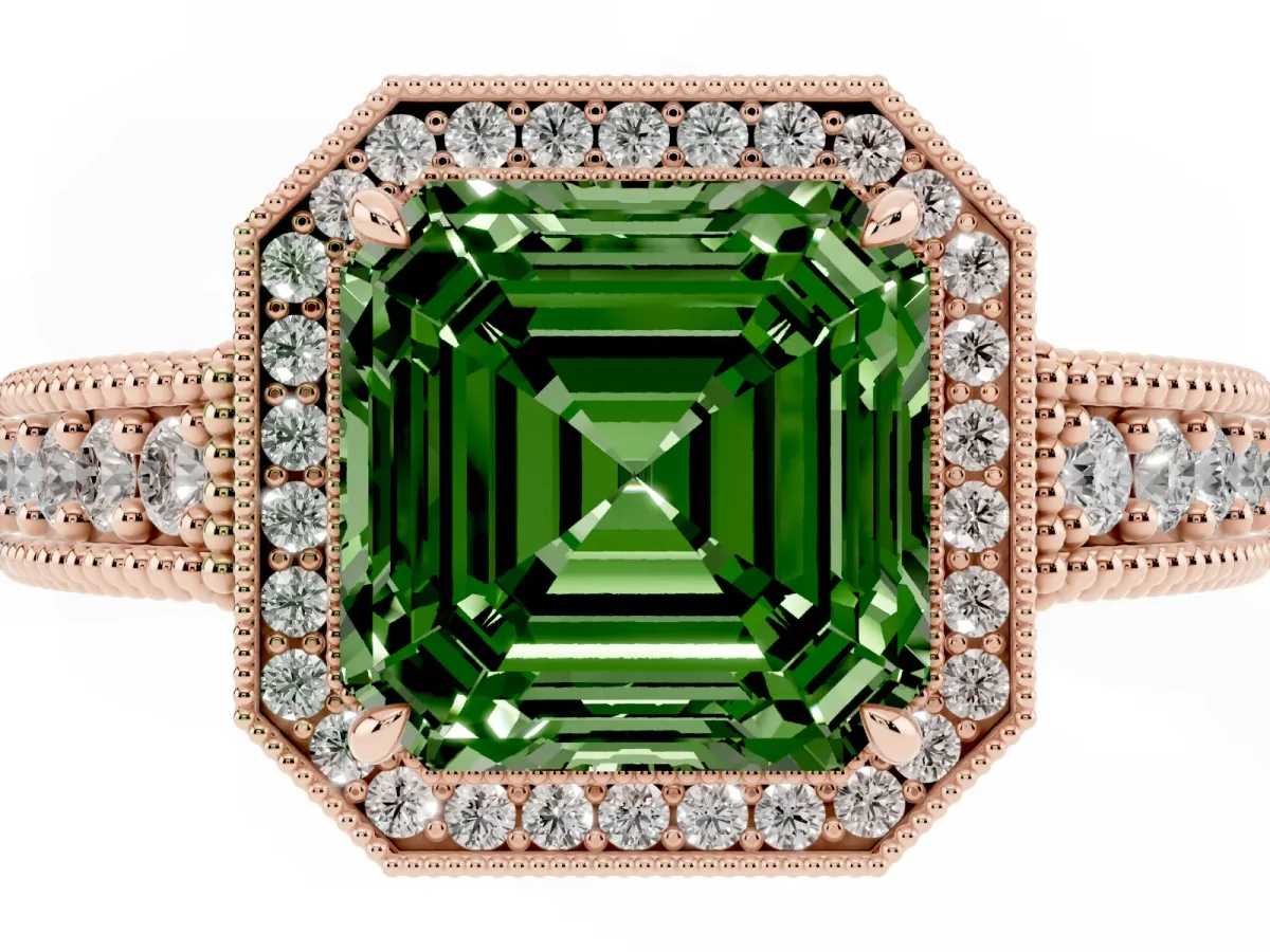 Fancy Green Asscher Cut Cut Halo Diamond Ring with Pavé Band and Four-Prong Setting Rose gold