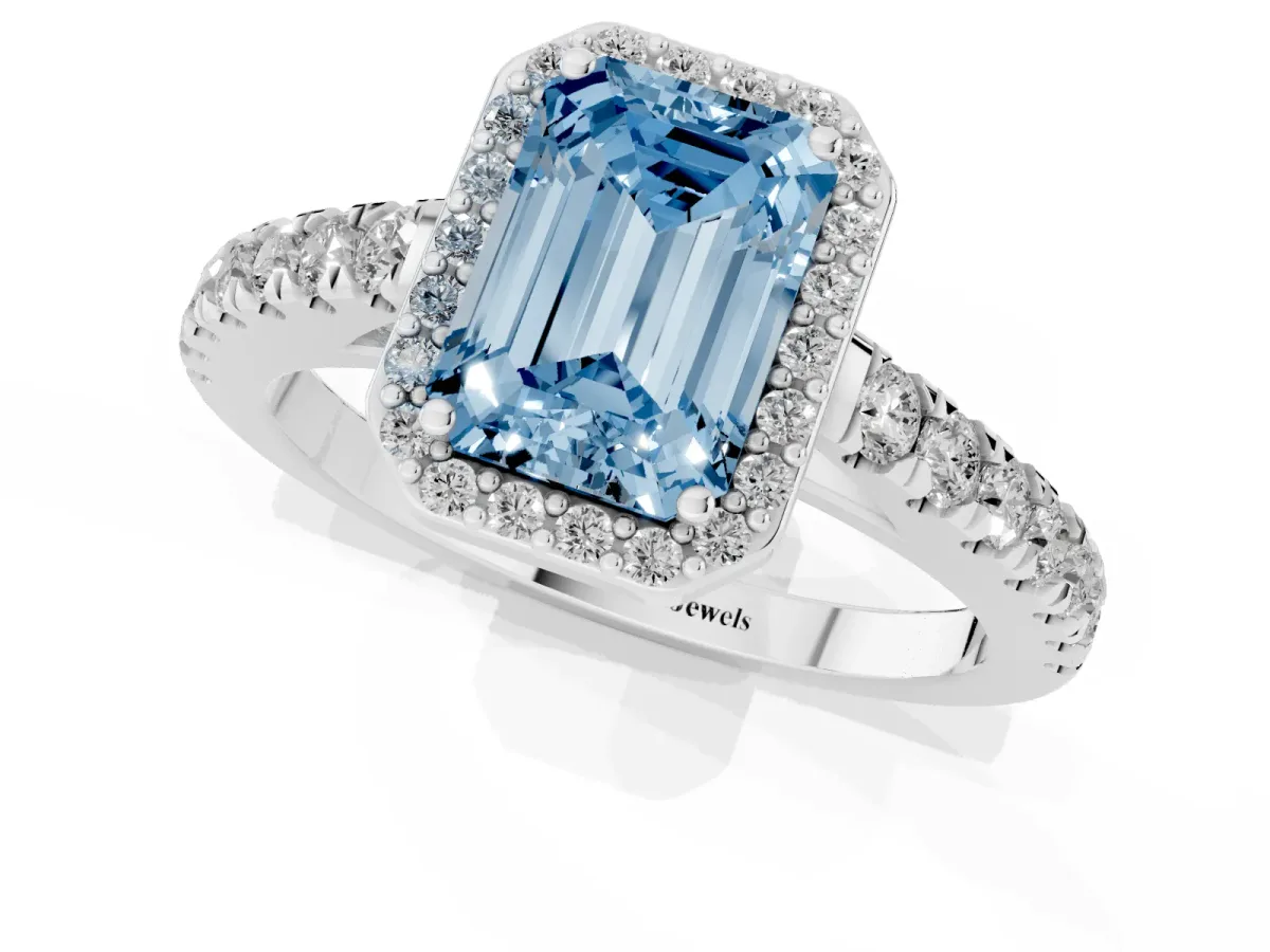 Fancy Blue Emerald Cut Cut Halo Diamond Engagement Ring with Pave Band and Four-Prong Setting White gold