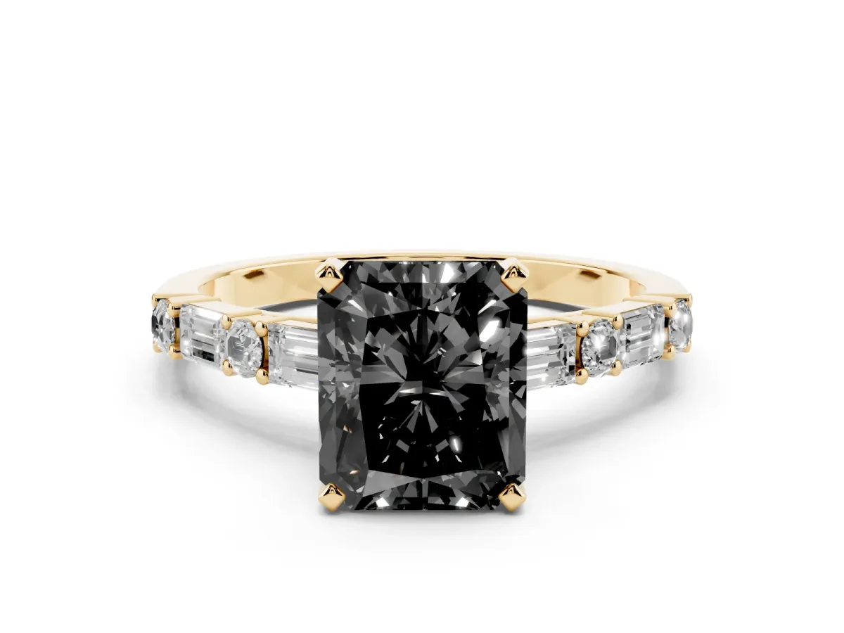 Fancy Black Radiant Cut Diamond Solitaire with Side Baguettes and Channel Set Band Yellow gold