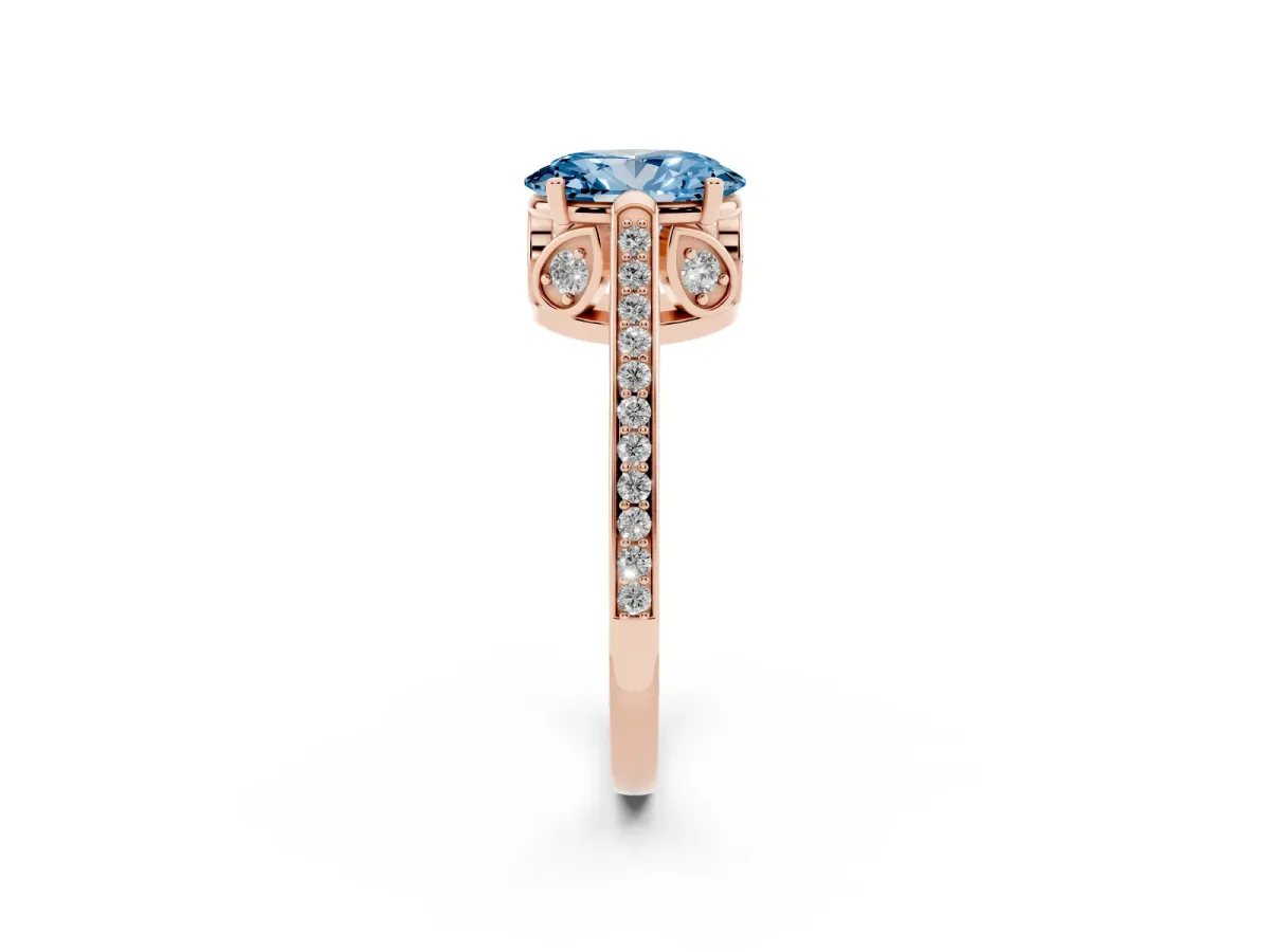 Fancy Blue Oval Cut Cut Cathedral Pave Diamond Engagement Ring with Six-Prong Setting Rose gold