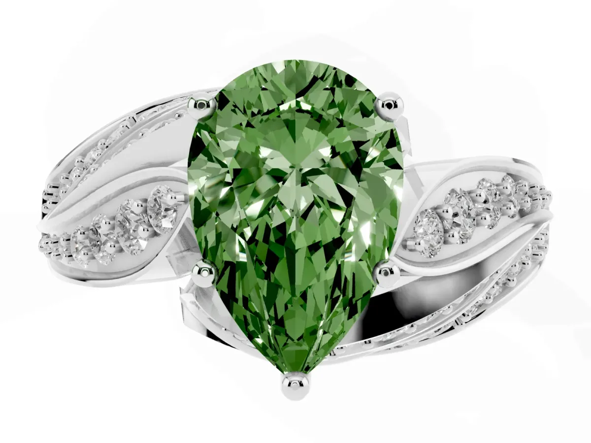Fancy Green Pear Cut Diamond Solitaire Ring with Prong Setting and Twisted Pavé Band Silver