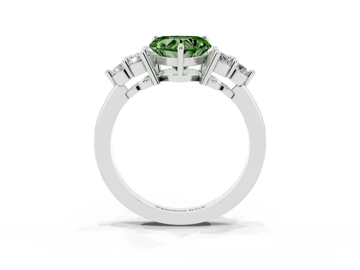 Fancy Green Heart Cut Brilliant Diamond Cluster Accent Solitaire Ring with Prong Setting Silver