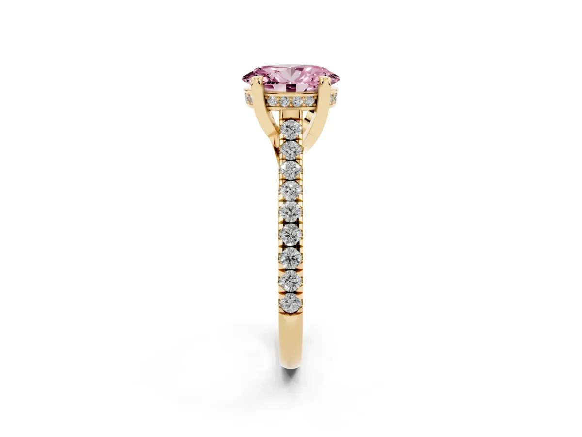 Fancy Pink Oval Cut Brilliant Diamond Solitaire with Pavé Band and Four-Prong Setting Yellow gold