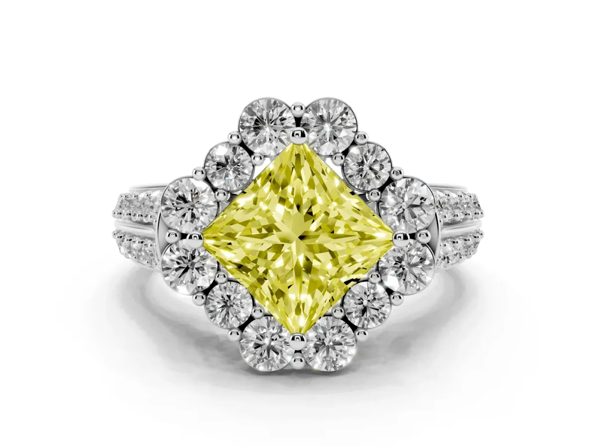 Fancy Yellow Princess Cut Halo Diamond Engagement Ring with Split Shank and Prong Setting Silver