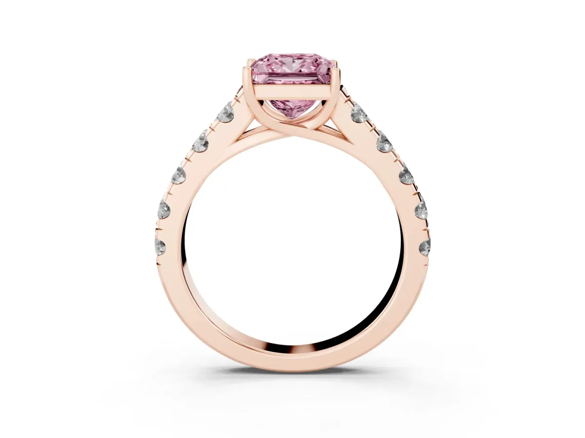Fancy Pink Princess Cut Cut Diamond Solitaire Ring with Micro Pave Band and Prong Setting Rose gold