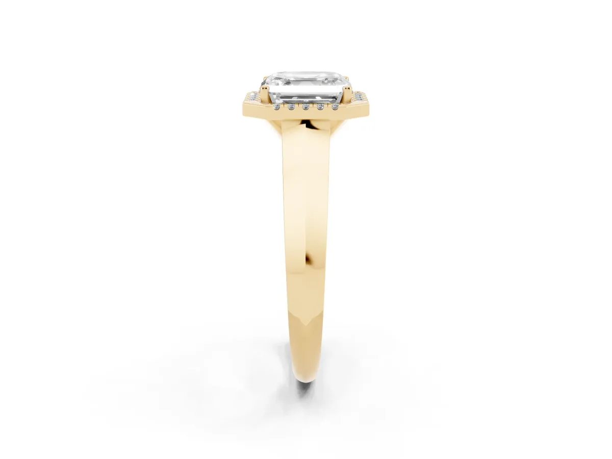 Asscher Cut Halo Diamond Ring with Cathedral Band and Four-Prong Setting Yellow gold