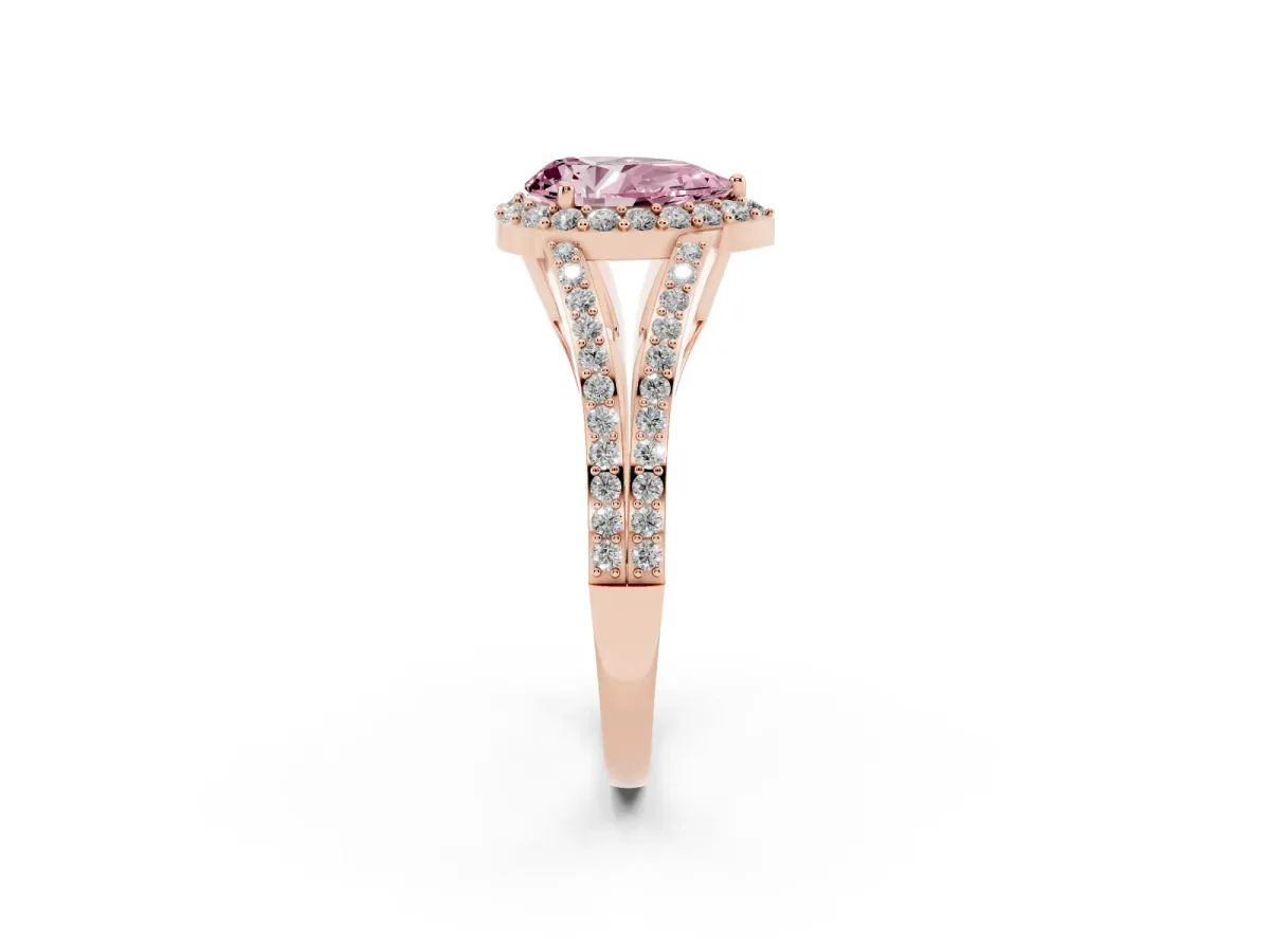 Fancy Pink Pear Cut Halo Split Shank Pave Diamond Ring with Four-Prong Setting Rose gold