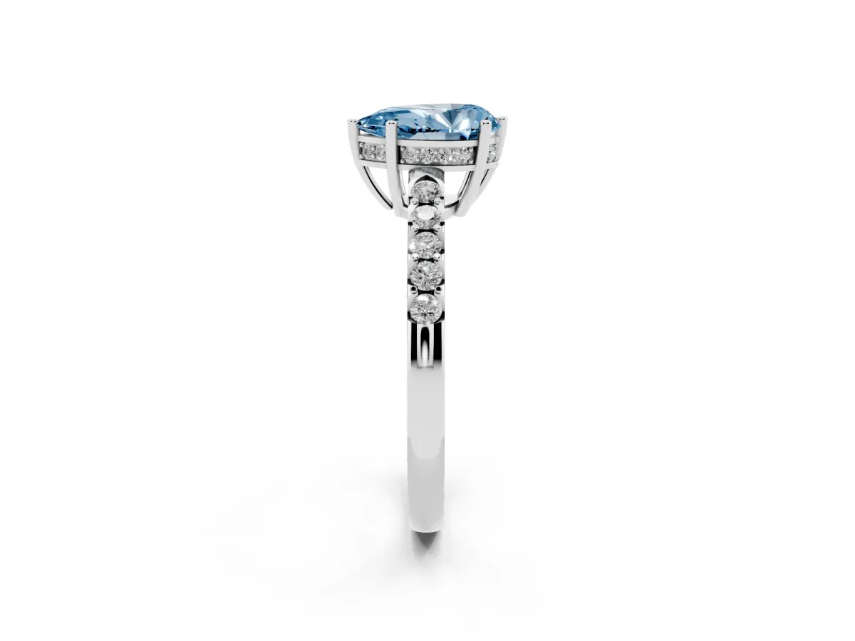 Fancy Blue Pear Cut Solitaire Diamond Engagement Ring with Pavé Band and Six-Prong Setting Silver