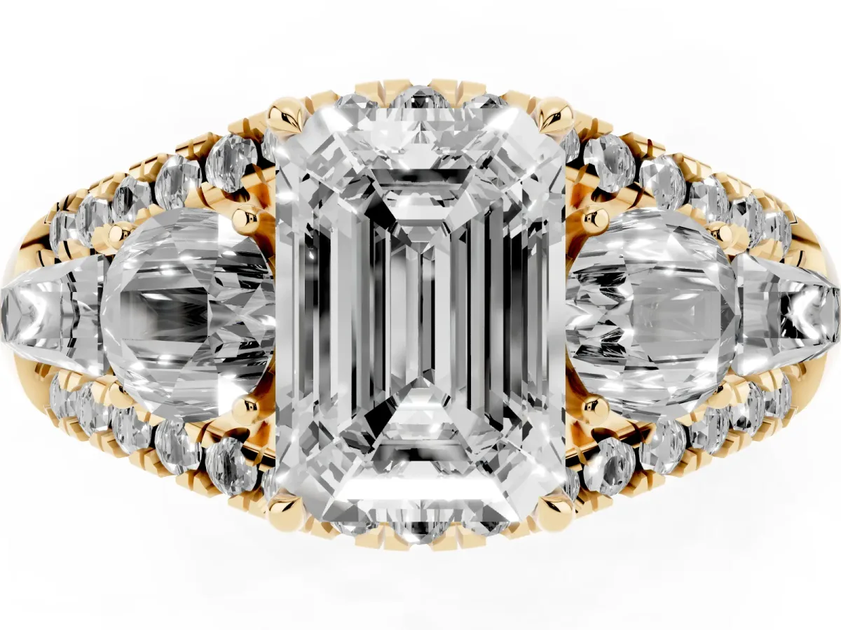 Three-Stone Emerald Cut Diamond Engagement Ring with Pave Band and Prong Setting Yellow gold
