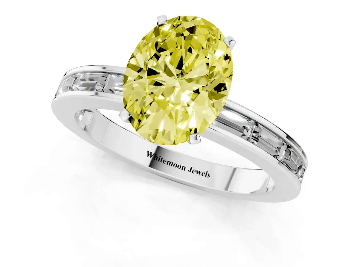 Fancy Yellow Oval Cut Solitaire Diamond Ring with Channel-Set Baguette Band and Four-Prong Setting Silver