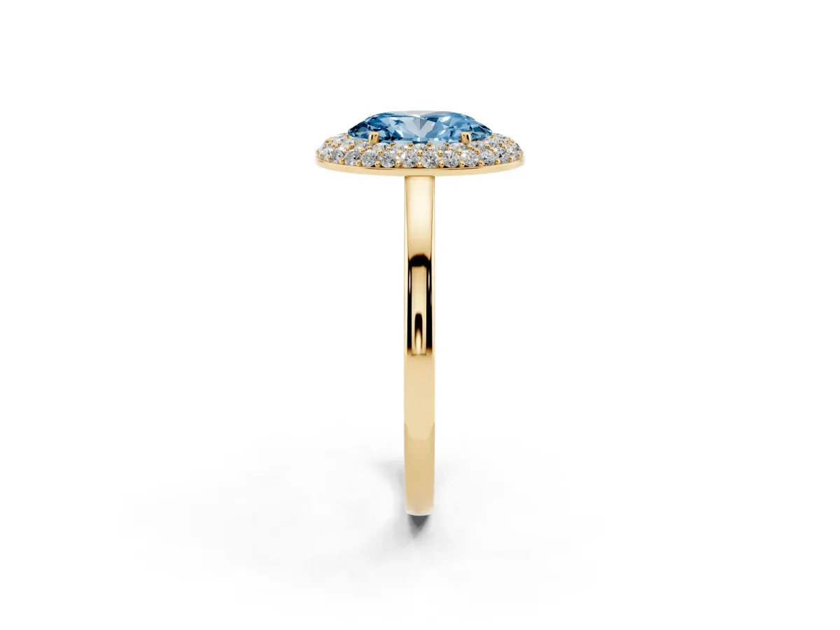Fancy Blue Oval Cut Halo Diamond Engagement Ring with Solitaire Band and Four-Prong Setting Yellow gold