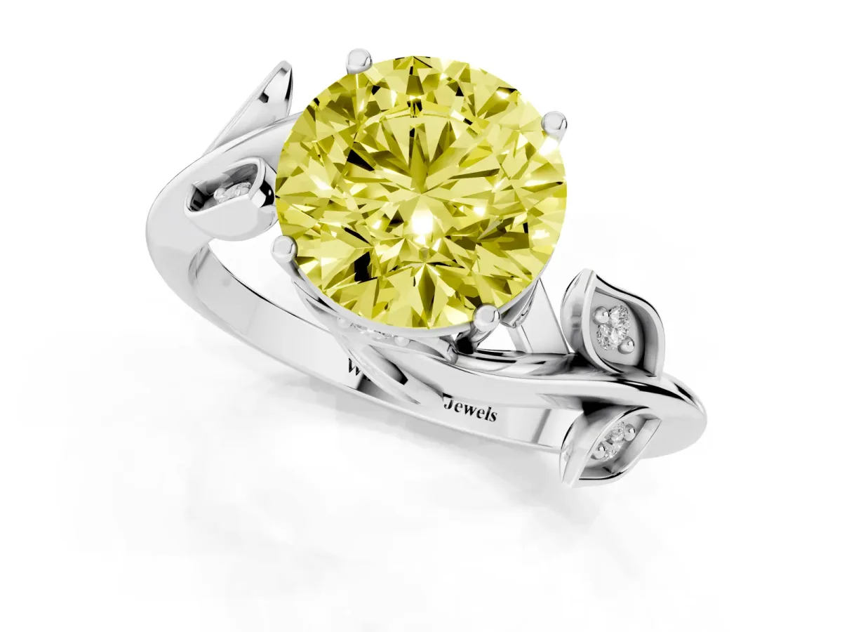 Fancy Yellow Round Cut Solitaire Twist Engagement Ring with Leaf Accents and Prong Setting Silver