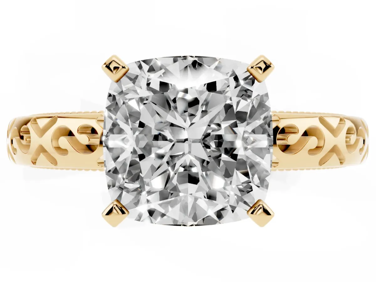 Cushion Cut Solitaire Engagement Ring with Scrollwork Band and Four-Prong Setting Yellow gold
