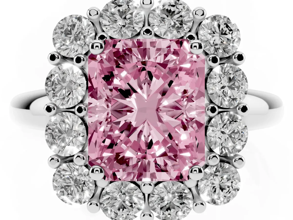 Fancy Pink Radiant Cut Halo Cluster Diamond Engagement Ring with Prong Setting and Polished Band Platinum