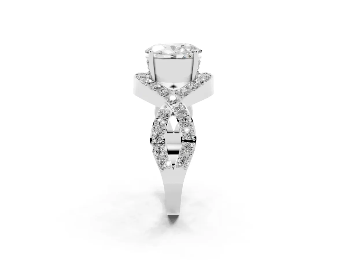 Oval Cut Solitaire Twist Band Pavé Diamond Engagement Ring Silver