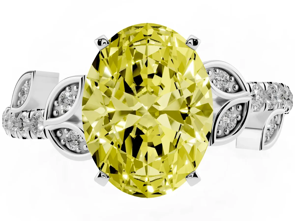 Fancy Yellow Oval Cut Solitaire Leaf-Inspired Diamond Ring with Pavé Band and Four-Prong Setting Silver