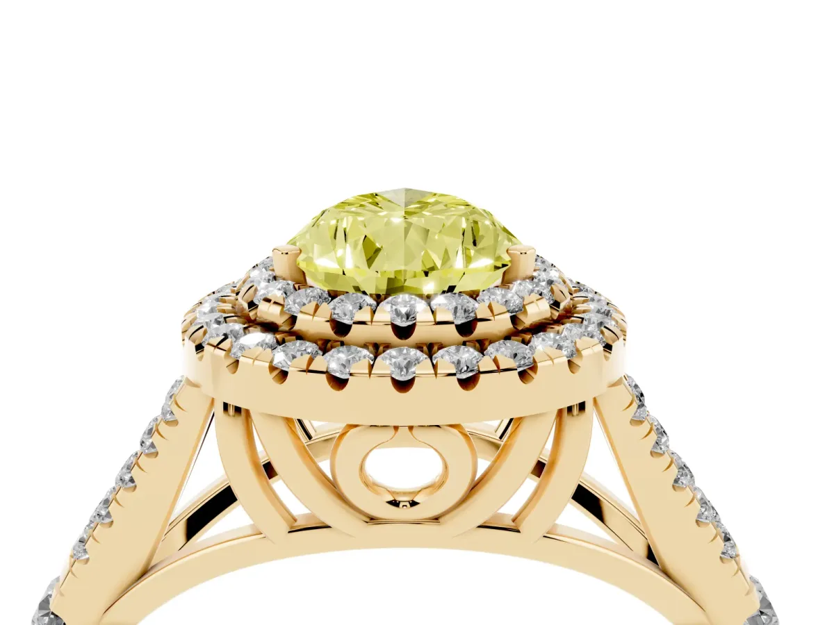 Fancy Yellow Pear Cut Diamond Double Halo Ring with Split Shank and Prong Setting Yellow gold