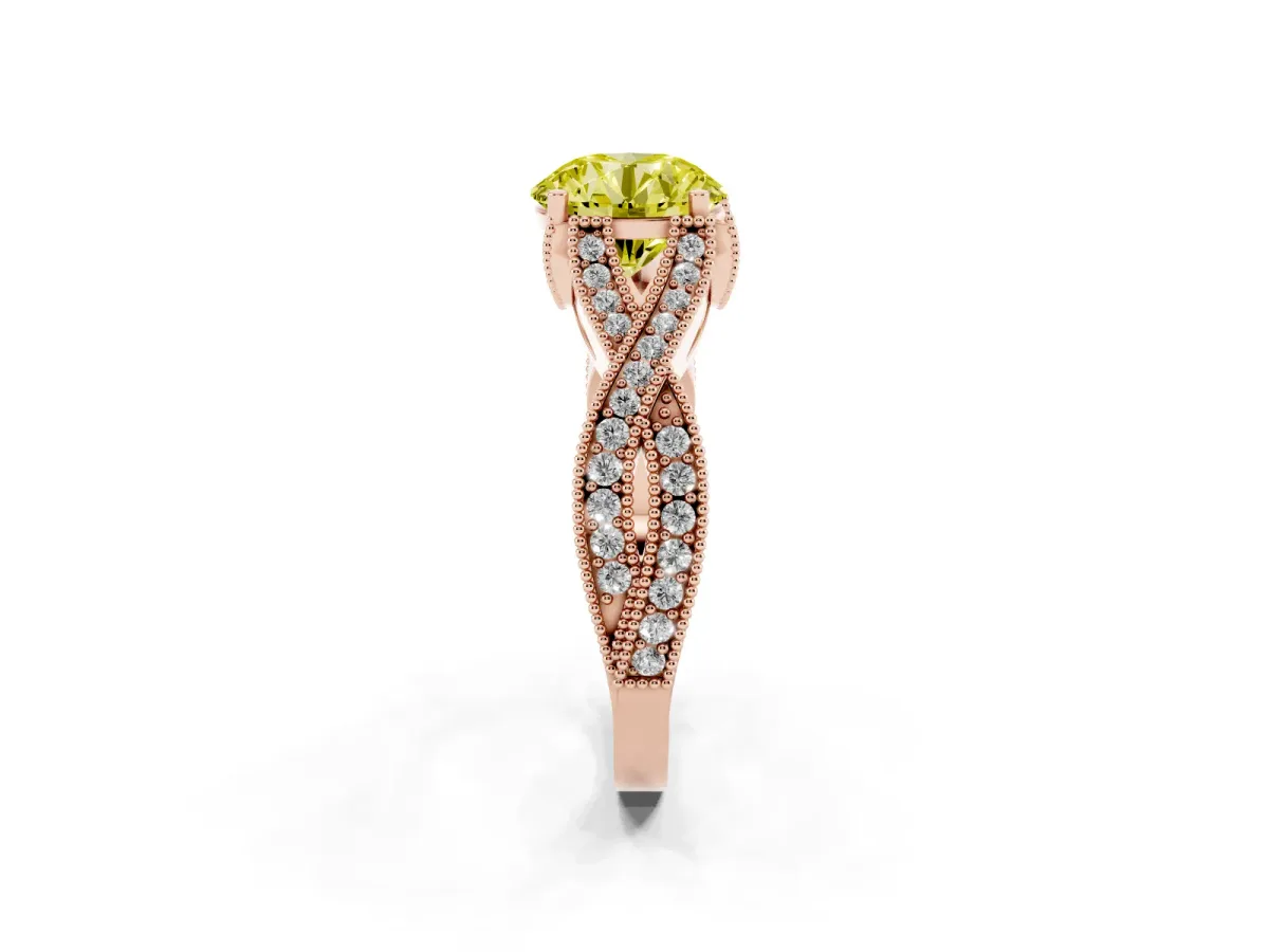 Fancy Yellow Round Cut Cut Diamond Twisted Band with Milgrain Pave Setting and Four-Prong Setting Rose gold