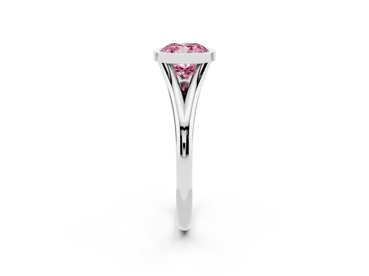 Fancy Pink Bezel Set Cushion Cut Cut Solitaire Ring with Tapered Band Silver