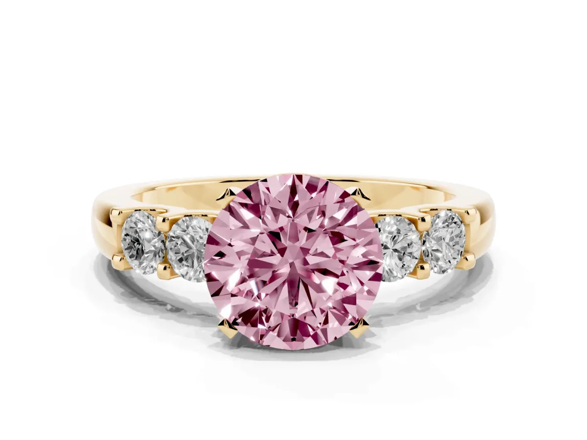Fancy Pink Round Cut Brilliant Cut Diamond Five-Stone Prong Set Engagement Ring with Channel Band Yellow gold