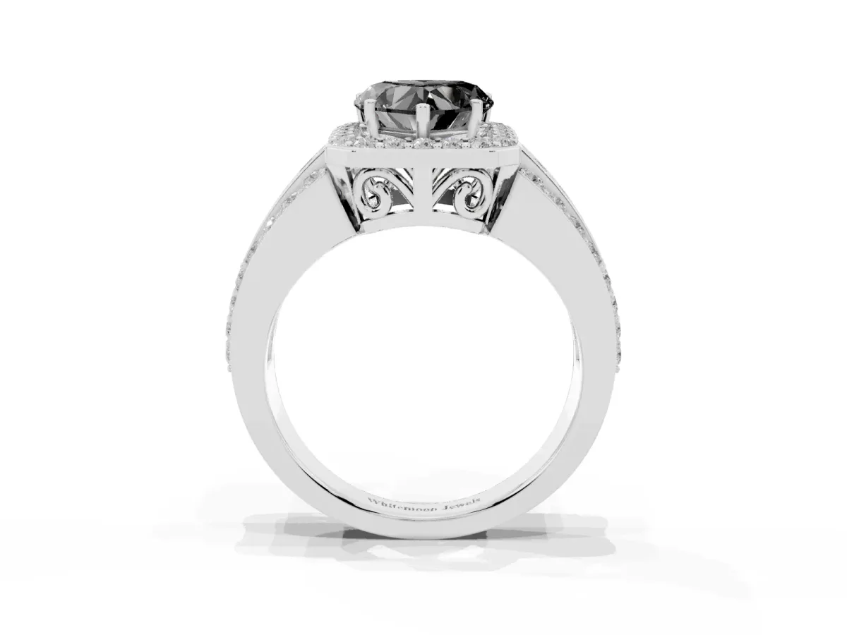 Fancy Black Heart Cut Halo Diamond Ring with Round Split Shank and Prong Setting Silver