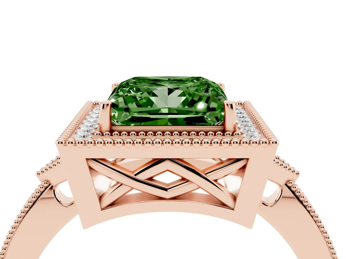 Fancy Green Princess Cut Halo Round Diamond Milgrain Pave Engagement Ring Rose gold