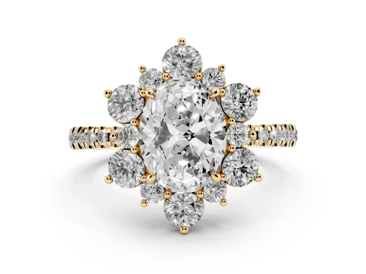 Oval Cut Diamond Floral Halo Ring with Round Pavé Band and Prong Setting Yellow gold