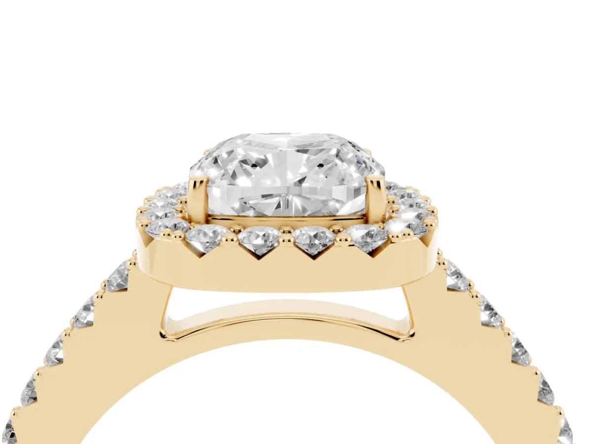 Cushion Cut Halo Diamond Pavé Solitaire Ring Yellow gold
