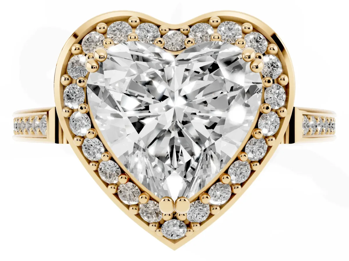 Heart Cut Diamond Halo Ring with Split Shank and Four-Prong Setting Yellow gold