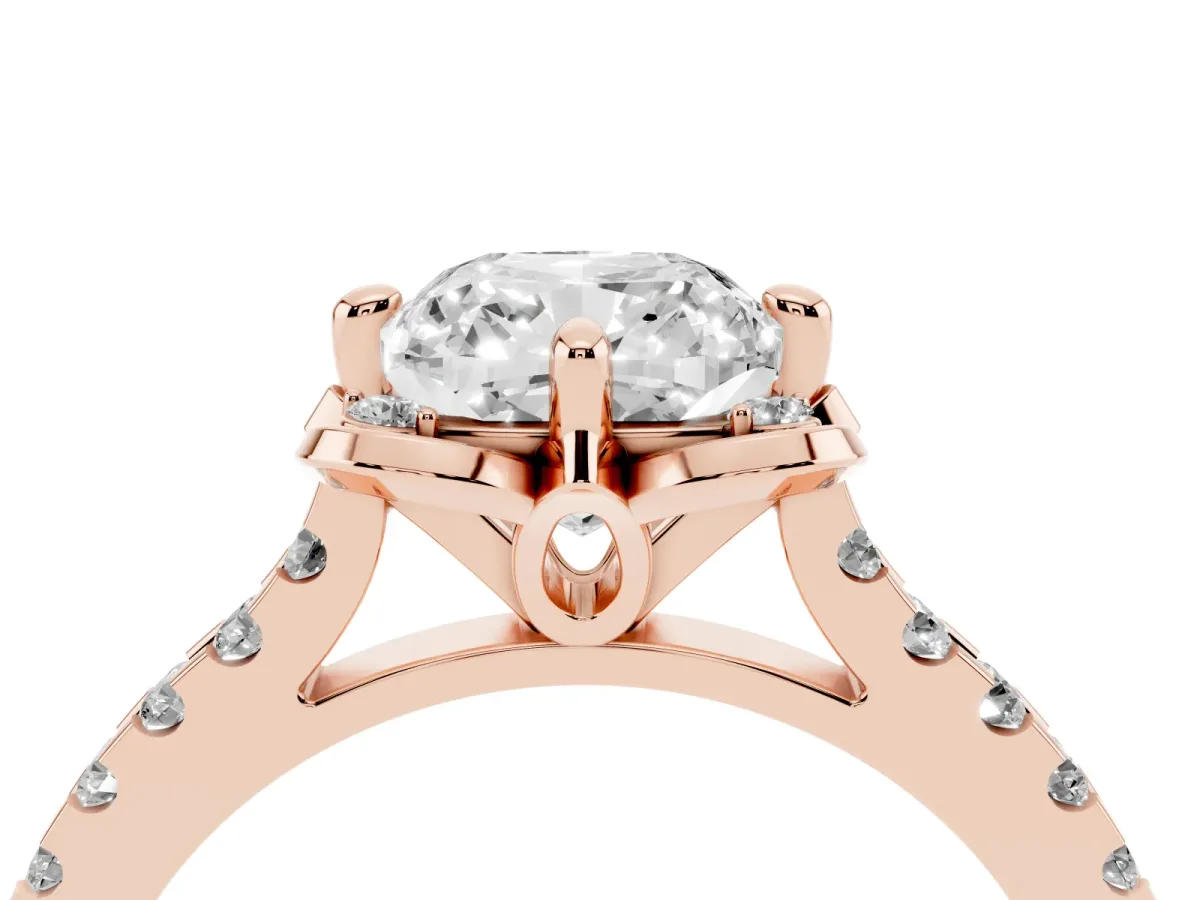 Cushion Cut Diamond Ring with Pavé Band and Floral Prong Setting Rose gold