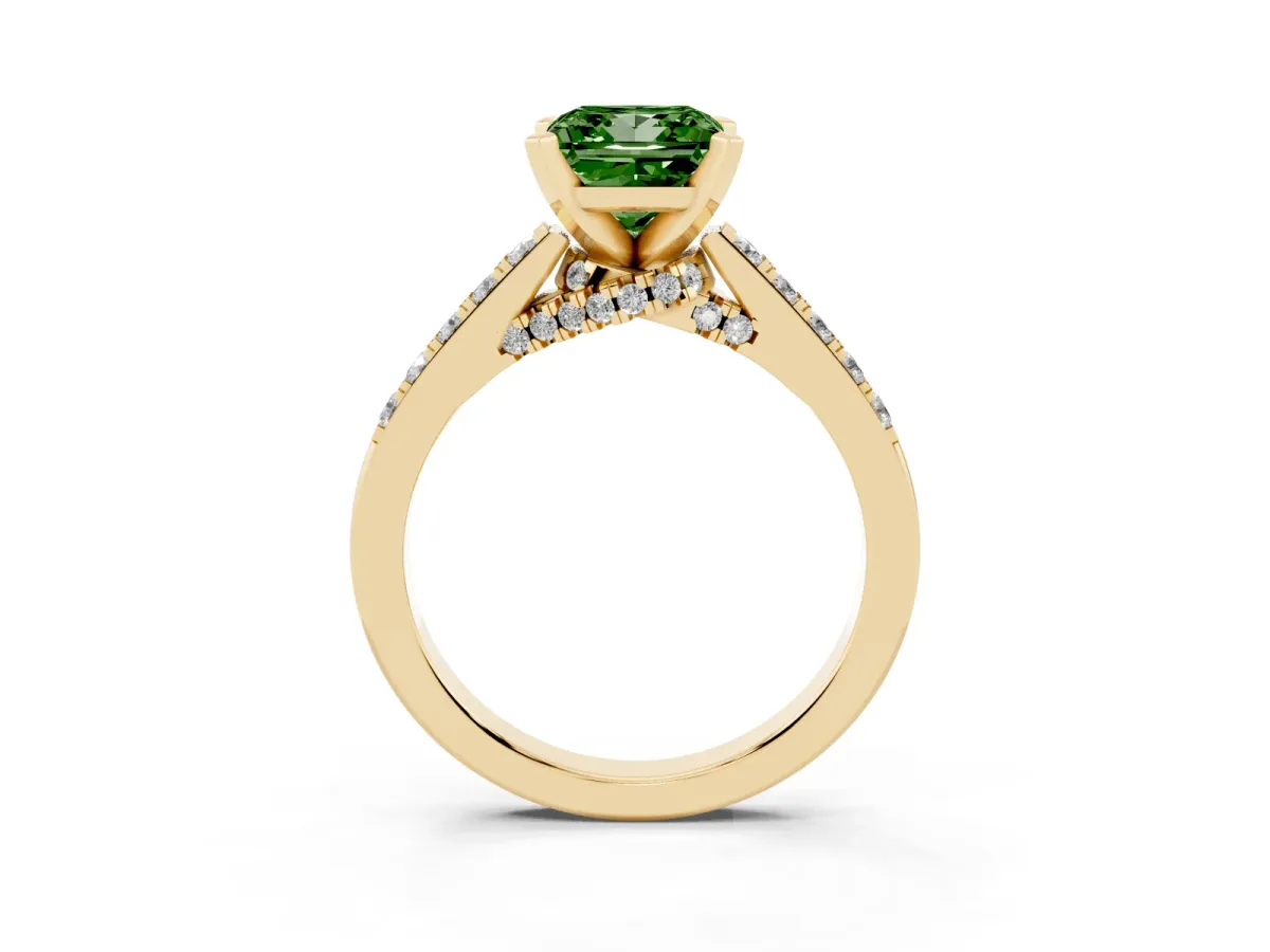 Fancy Green Princess Cut Diamond Solitaire Ring with Crossover Gallery and Round Pavé Band Yellow gold