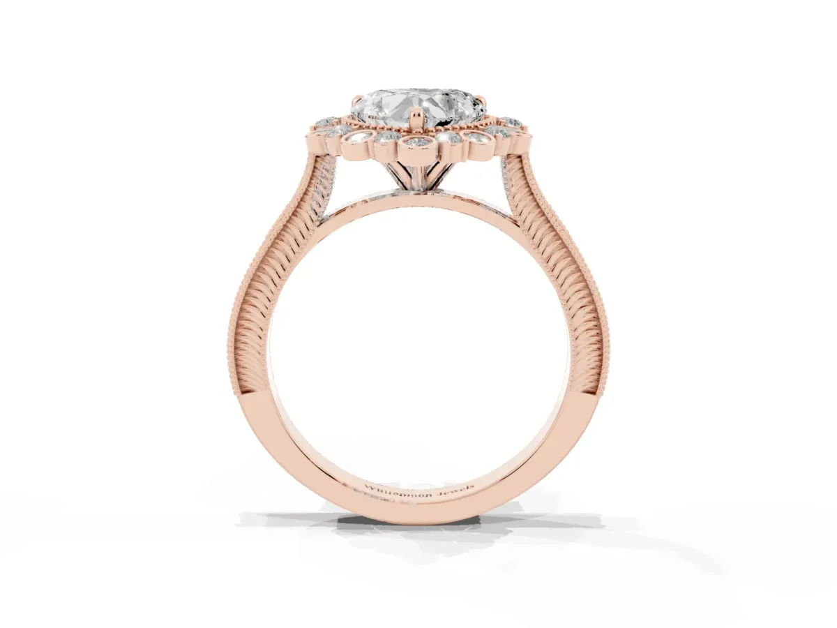 Heart Cut Halo Milgrain Pave Diamond Ring with Four-Prong Setting Rose gold